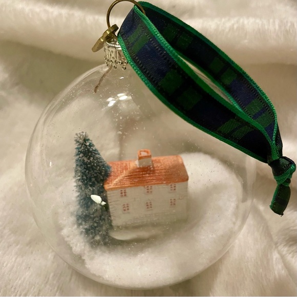 TALBOTS 2018 Snow Globe ornament w/colonial home, tree & plaid ribbon to hang w/ - Picture 5 of 8